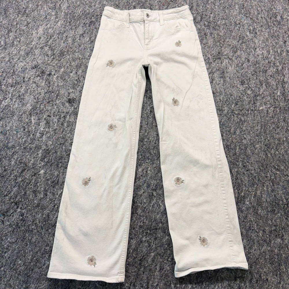 Abercrombie Kids Girls 15/16 High Rise Wide Leg Daisy Embroidered Jeans White
